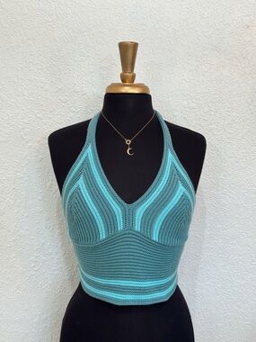 Stitch & Pine Teal Crochet Halter Crop Top